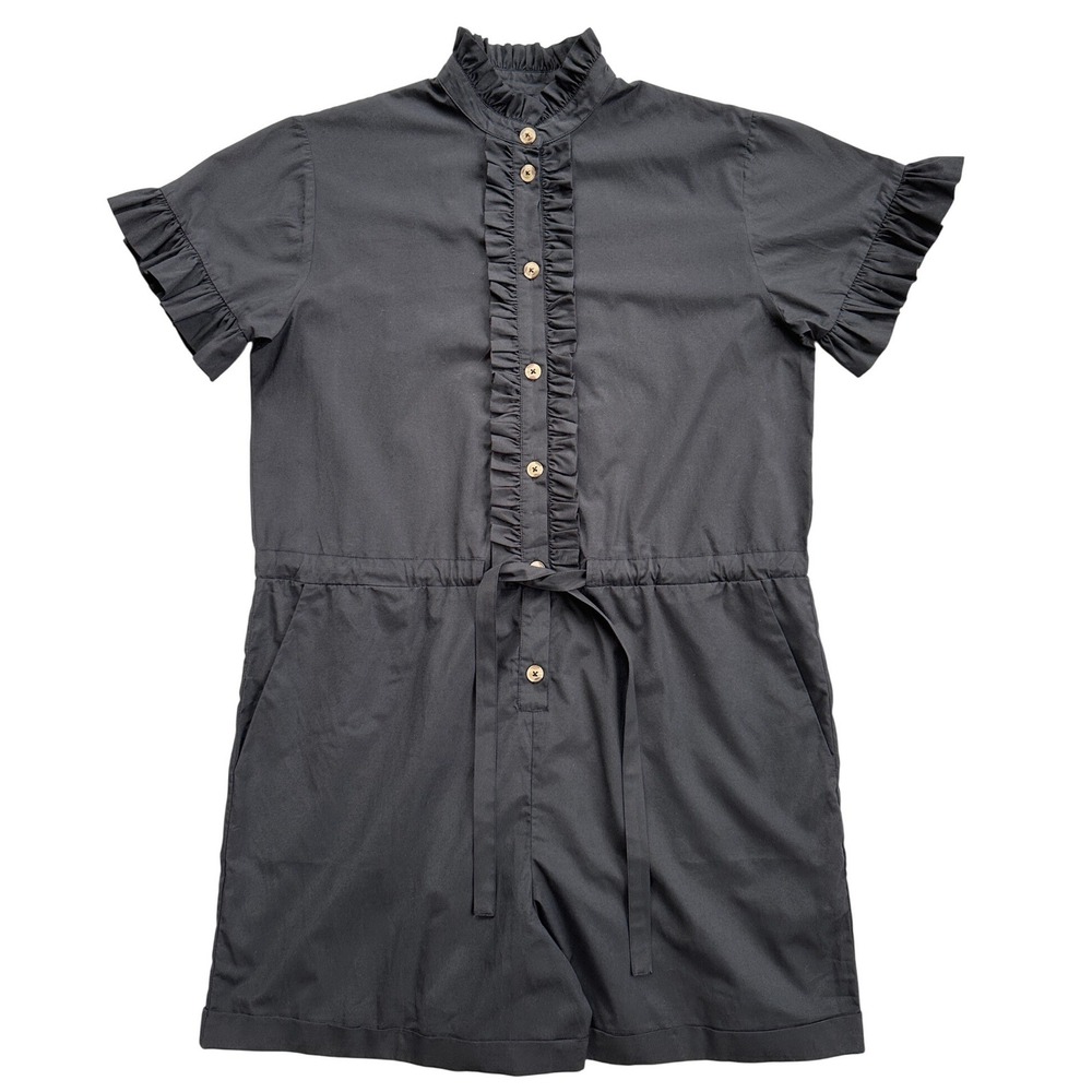 French Connection Romper Women Size 8 Gray Excellent Ruffle Trim Button Utility